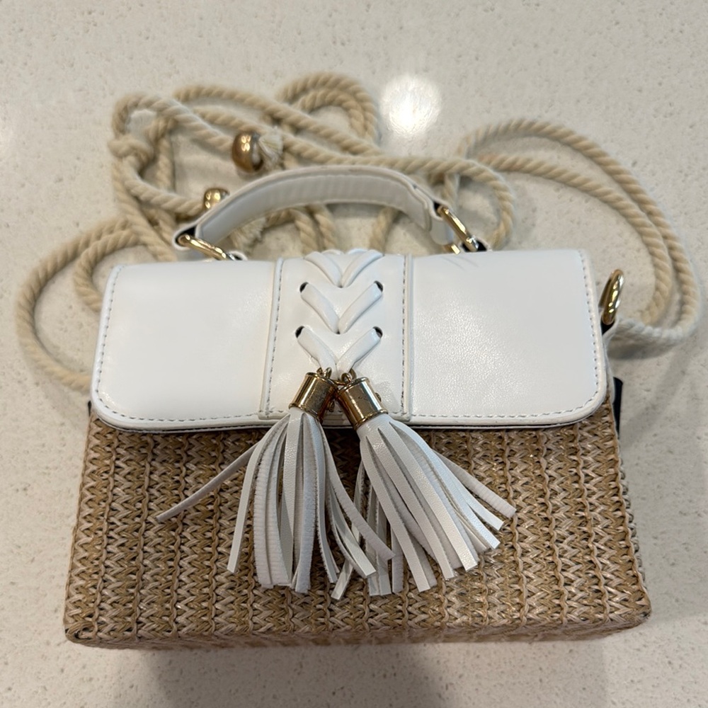White and Tan Woven Handbag